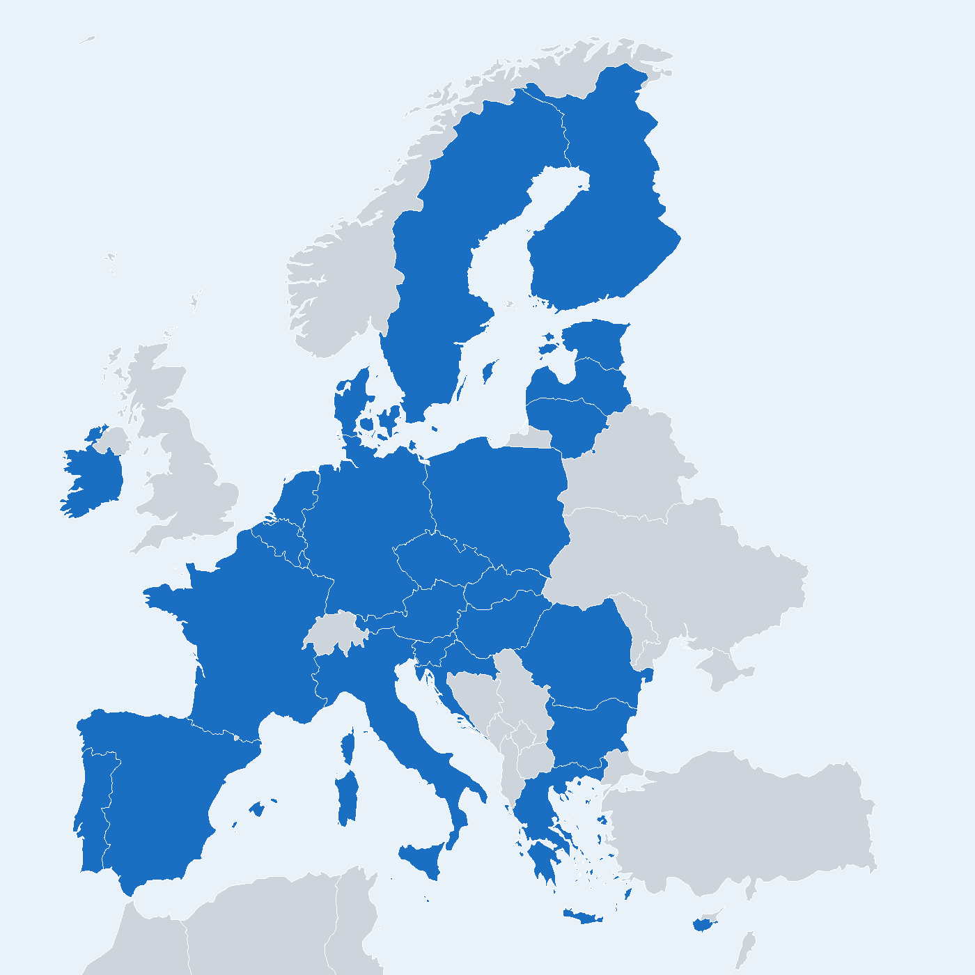Map of Europe with EU member states highlighted in blue